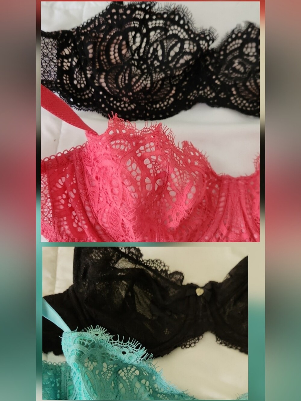 Victoria's Secret Black, Coral and Teal Lace Bras